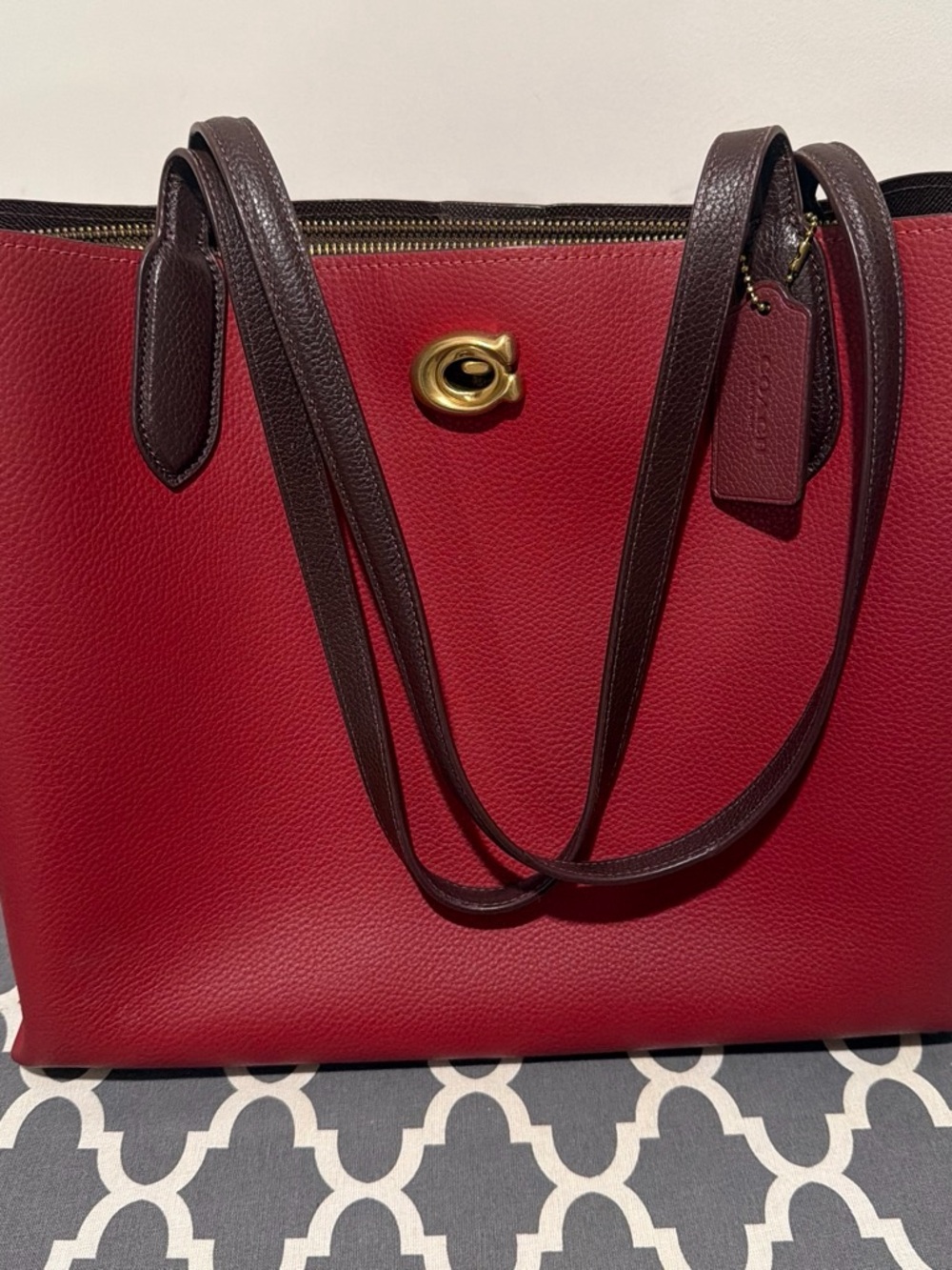 Coach Willow: Red Pebbled Leather Tote with Dark Brown Straps